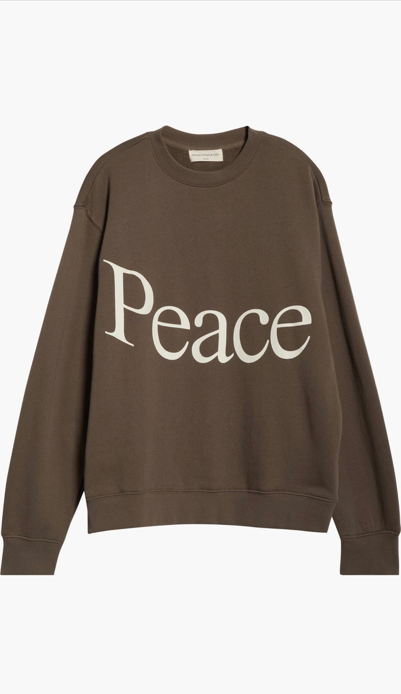 MOPQ Museum of Peace & Quiet Jumbo Wordmark Cotton Fleece Crewneck Sweatshirt Brown