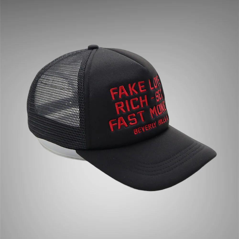 HOMME FEMME FAKE LOVE TRUCKER HAT BLACK RED