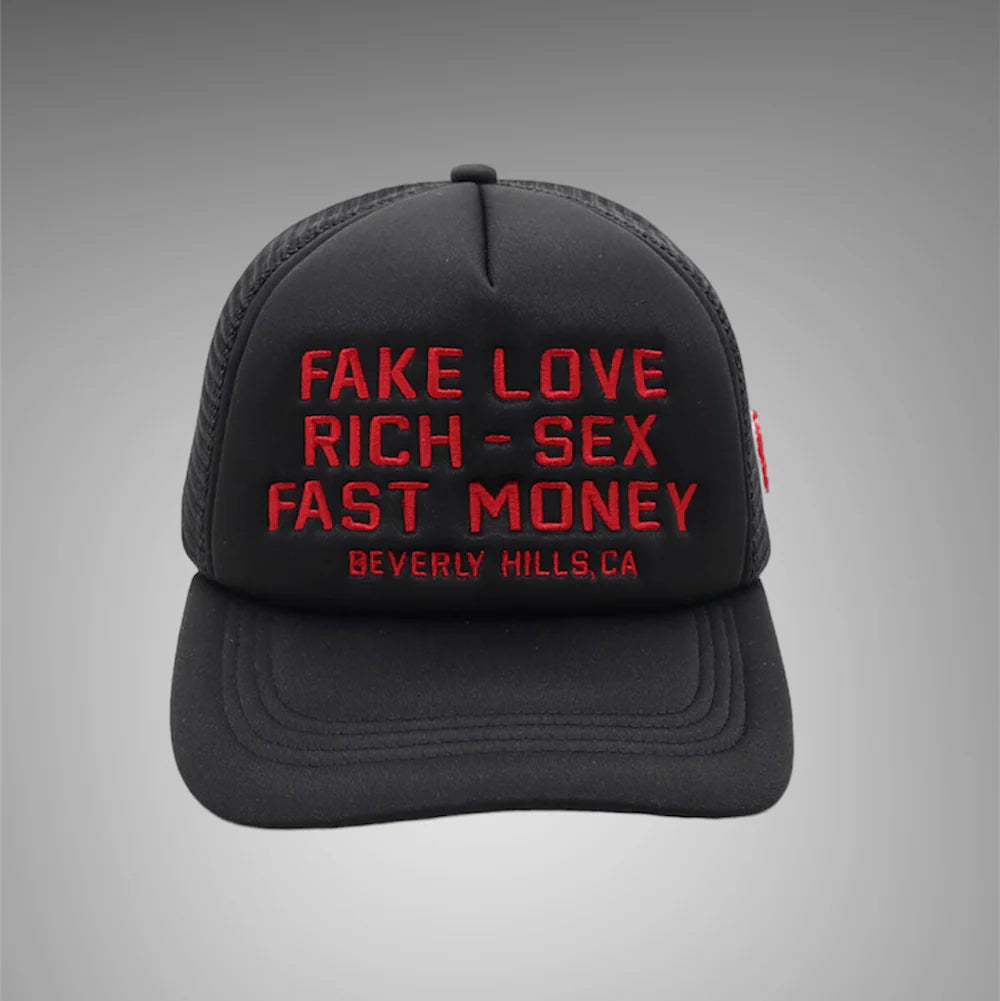 HOMME FEMME FAKE LOVE TRUCKER HAT BLACK RED