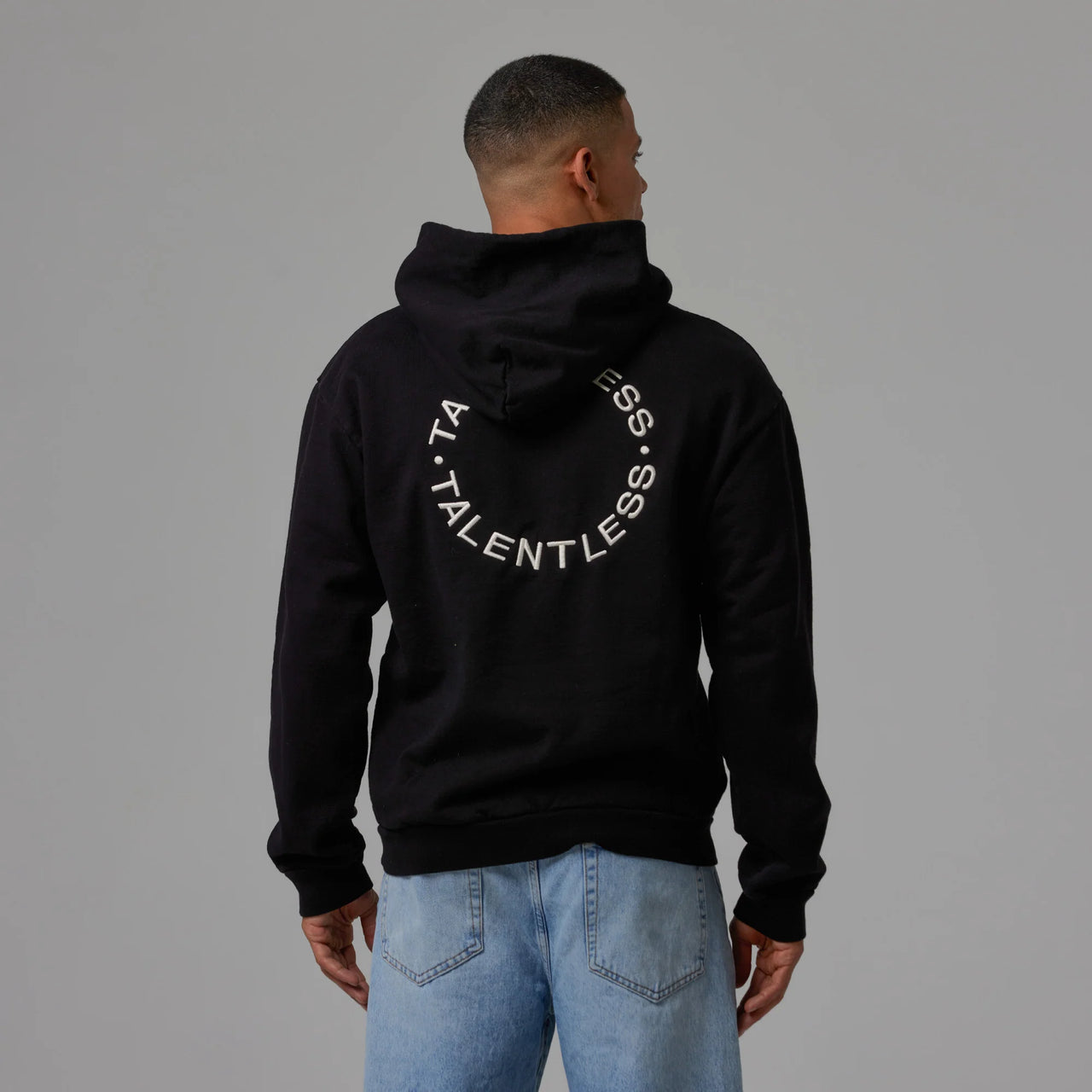TALENTLESS - MENS HOODIE - CIRCLE LOGO EMBROIDERED (Black and Bone)