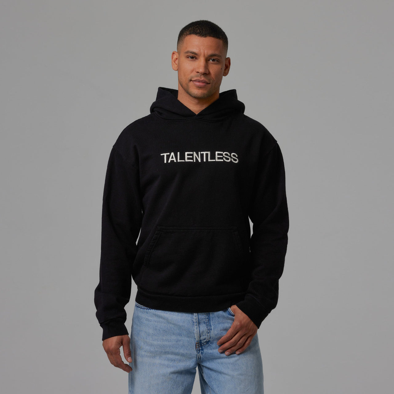 TALENTLESS - MENS HOODIE - CIRCLE LOGO EMBROIDERED (Black and Bone)