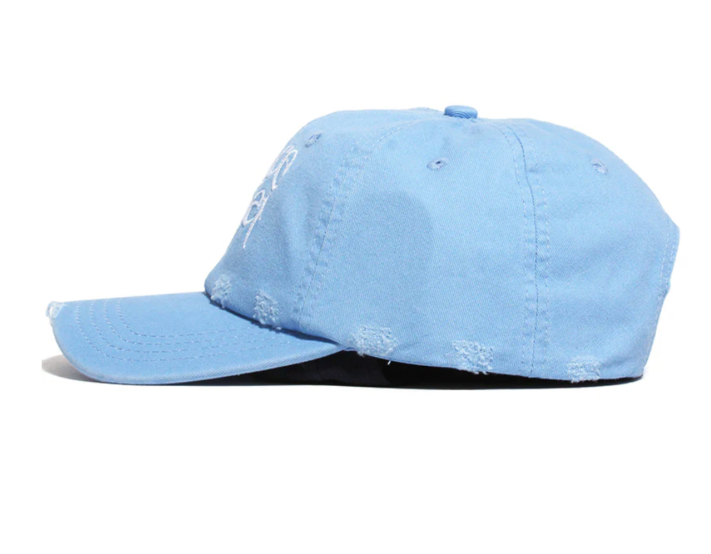 MOPQ Museum of Peace & Quiet Warped Wordmark Distressed Dad Hat - BLUE