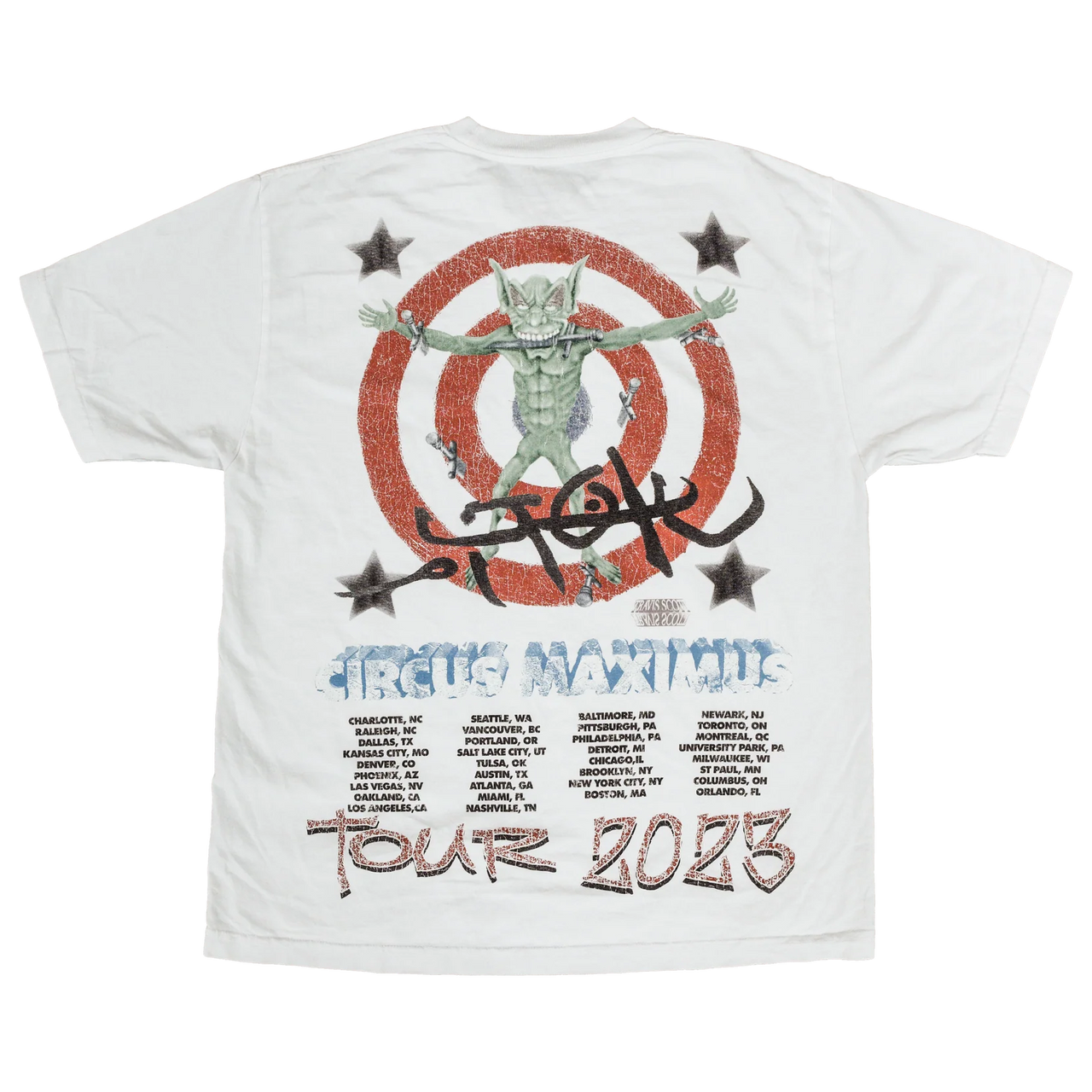 Travis Scott Utopia Circus Maximus 2023 Tour III Tee White is a White cotton short-sleeved t-shirt